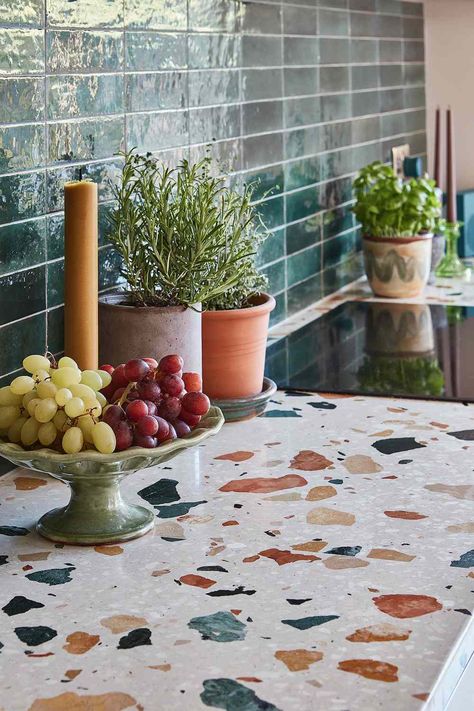 Statement Countertops, Bold Countertops, Terrazo Countertop, Textured Countertops, Terrazzo Kitchen Island, Kitchen Design Island, Terrazzo Kitchen Countertops, Island Countertop Ideas, Tile Kitchen Countertops