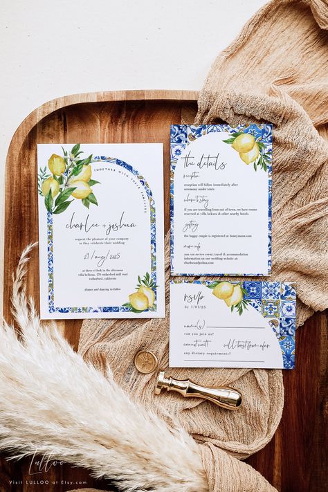 Italian Blue Tiles And Lemon, Mediterranean Wedding Invitations, Lemon Invitations, Baby Shower Garcon, Lemon Wedding, Lemon Wedding Invitations, Italian Blue, Mediterranean Wedding, Summer Baby Shower