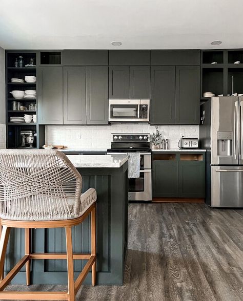 Rock Bottom by Sherwin Williams (Review and Dupes!) SW 7062 - Mod & Mood Gray Green Paint Colors, Refacing Cabinets, Green Grey Paint, Black Paint Color, Dark Paint Colors, Green Kitchen Cabinets, Sherwin Williams Colors, House Color Palettes, Green Paint Colors