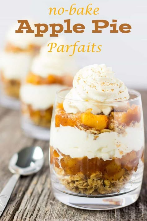 These NO-BAKE APPLE PIE PARFAITS are very much like the classic and much loved apple pie dessert, yet this recipe is no-bake and served in a cup. Simple and ready in no time, it's not too heavy yet very full of flavour! #applepierecipe #applerecipes #parfaitdesserts #parfait #parfaitrecipes Individual Fall Desserts In A Cup, Fudge Business, Apple Pie In A Cup, Pie Jars, Healthy Apple Desserts, Cheesecake Jars, Apple Pie Desserts, Cups Recipes, Baked Apple Dessert