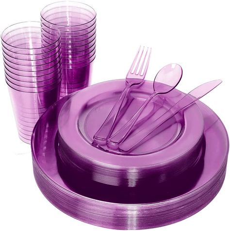 Amazon.com: WDF 25 Guest Pink Plates with Disposable Plastic Silverware&Pink Cups-Neon Clear Plastic Dinnerware include 25 Dinner Plates,25Salad Plates,25Forks, 25 Knives, 25 Spoons,25 Plastic Cups Mother's Day : Health & Household 18th Birthday Party Themes, Purple Cups, Purple Plates, Pink Dinnerware, Plastic Dinnerware Sets, Pink Plates, Plastic Silverware, Plastic Dinnerware, Plastic Cutlery