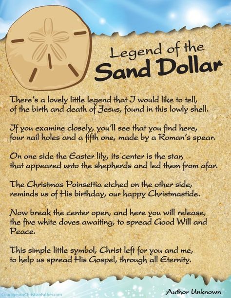 The Legend of the Sand Dollar Printable | Courageous Christian Father Story Of The Sand Dollar, Dollar Printable, Pansy Shell, Legend Of The Sand Dollar, Sand Dollar Tattoo, Sand Dollar Craft, Sand Dollar Art, Sand Dollar Ornament, Easter Printables Free