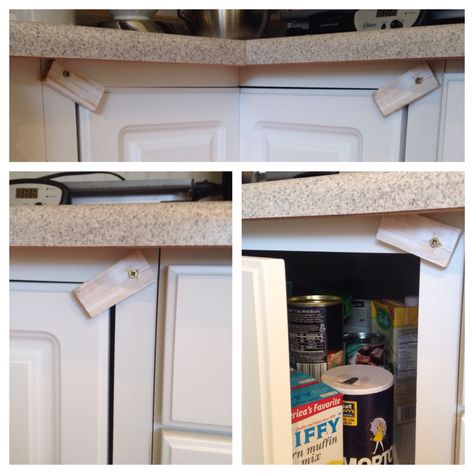 ** DIY Lazy Susan Child Safety Locks **  This is a basic design of a child safety lock tabs my Husband came up with. We were tired of kissing smashed fingers and finding canned goods in the laundry :)   Also, our annoyingly smart Black lab.   Enjoy!  Miss Hardware Kitchen Cabinets Without Handles, Baby Proof House, Lazy Susan Cabinet, Paint Cabinet, Baby Proof Cabinets, Diy Lazy Susan, Toddler Proofing, Wood Refinishing, Diy Cabinet