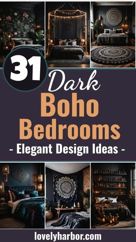 31 Dark Boho Bedroom Sanctuaries: Mystical Elegance & Cozy Vibes 2 Gothic House Bedroom, Boho Witchy Bedroom Ideas, Boho Bedroom Gray Walls, Moody Forest Bedroom, Cute Bedroom Decor Aesthetic, Dark Boho Bedroom Decor, Black Boho Room, Paint Color For Small Bedroom, Black Bedroom Ideas For Teens