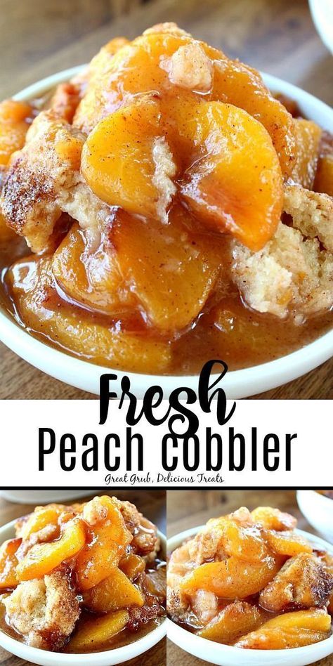 This made from scratch, Fresh Peach Cobbler is packed full of fresh, juicy, ripe peaches then topped with a delicious cake-like, crunchy topping. #peachcobbler #peaches #cobbler #delicious #greatgrubdelicioustreats Peaches Cobbler, Fresh Peach Cobbler Recipe, Peach Cobbler Cheesecake Recipe, Cheesecake Apple, Peach Cobbler With Bisquick, Crockpot Peach Cobbler, Cherry Cobbler Recipe, Fresh Peach Recipes, Homemade Peach Cobbler