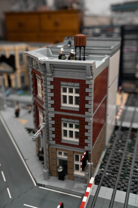 Watch me build this LEGO Fire Station MOC on YouTube! Lego Buildings Ideas, Lego City Ideas, Lego Apartment, Lego Modular Buildings Ideas, Lego Moc Buildings, Lego Fire Station, Lego Apartment Building, Lego Modular Moc, Lego Fire Station Moc