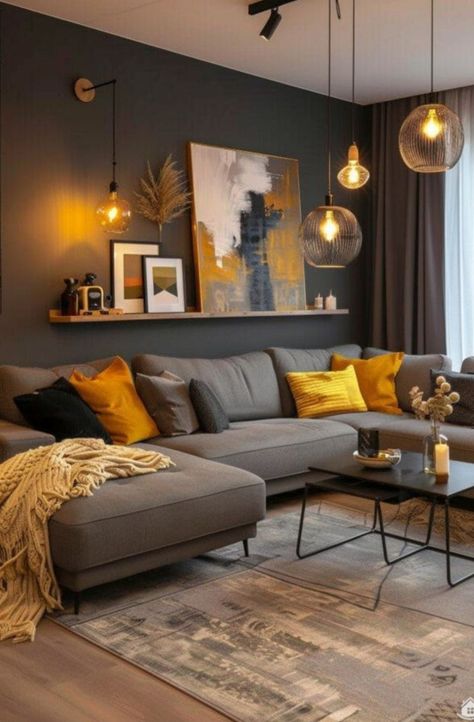 Lounge Room Ideas Grey Couch, Boho Living Room Grey Sofa, Living Room Dark Flooring, Grey Couch Living Room Paint Wall Colors, Olive Green Sitting Room, Grey Living Room Color Schemes, Light Grey Walls Living Room Decor, Grey Couch With Pillows, Lounge Decor Color Schemes