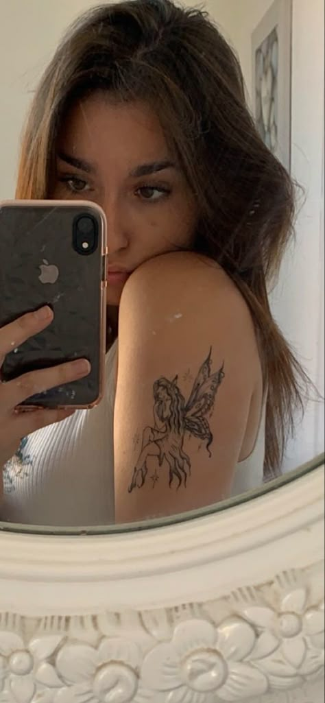 Upper Arm Fairy Tattoo, Elegant Fairy Tattoo, Fairy Tattoo Back Of Arm, Fairy Shoulder Tattoo For Women, Fairy Tattoo Placement Ideas, Flower Torso Tattoo, Shoulder Tattoo Grunge, Fairy Tattoo Shoulder, Fairy Collar Bone Tattoo