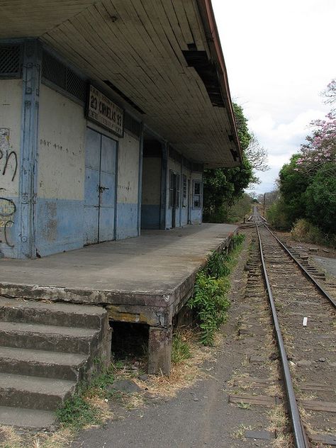 Abandoned train station, Costa Rica ** Estación abandonada de Ciruelas, Costa Rica Abandoned Train Station, Abandoned Property, Old Train Station, Abandoned Train, Train Depot, Train Stations, Old Trains, Old Train, Train Tracks