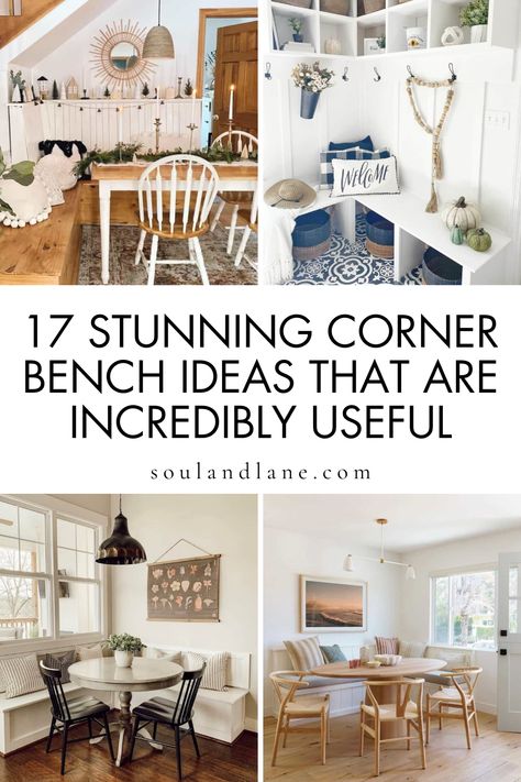 These ideas showcase the versatility and usefulness of corner benches, making them an incredibly valuable addition to any space. Opt for a bench with hidden storage to stash away extra bedding or seasonal clothing. Outdoor patios and balconies benefit from corner benches too, providing comfortable seating for enjoying nature and entertaining guests, with weather-resistant materials and vibrant cushions. Even in a home office, a small corner bench can add a touch of comfort, doubling as a place f Built In Dinning Room Bench Corner, Corner Bench Kitchen Table Small Spaces, Corner Kitchen Table Bench, Kitchen Nook Ideas Small Bench Seat, Corner Kitchen Seating, Small Corner Bench, Bench Seating Living Room, Corner Entryway Bench, Dinning Room Bench