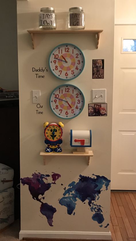 Deployment wall #craftyparrishfam #deployment #army Deployment Wall Ideas, Deployment Kids, Deployment Wall, Wall With Clock, Soldier Care Packages, Display Desk, Deployment Homecoming, Daycare Design, Deployment Gifts