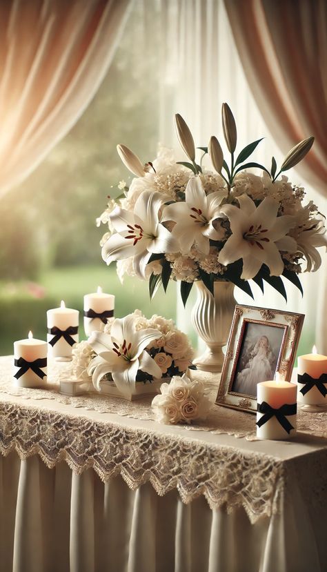 🌸 21 Heartfelt Funeral Table Decoration Ideas to Honor Your Loved One 🌹 Memorial Table Centerpieces, Memorial Decorations Ideas, Celebration Of Life Decorating Ideas, Celebration Of Life Memorial Ideas Diy Photo Displays, Memorial Display Ideas For Home, Memorial Picture Ideas, Ideas For Celebration Of Life Memorial, Celebration Of Life Centerpieces, Celebration Of Life Table Ideas