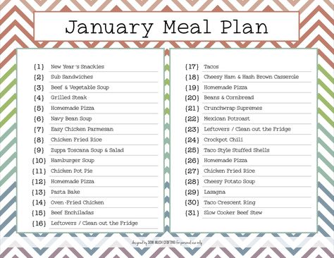 January Meal Plan, Monthly Meal Plan, Pizza Pasta Bake, Beans And Cornbread, Navy Bean Soup, Cheesy Potato Soup, Monthly Menu, Meal Planning Menus, Toscana Soup