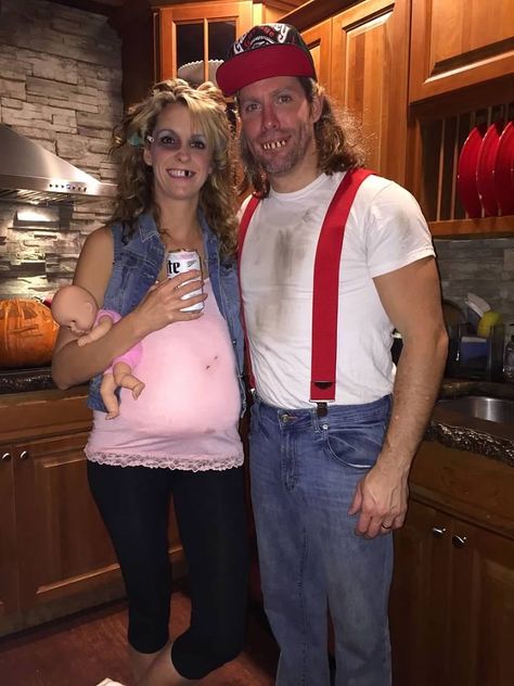 Trashy Halloween Costumes, Red Neck Costume, Trashy Costume, Ugly Halloween Costumes, White Trash Couple Costume, White Trash Bash Outfit Women, Trailer Trash Costume, White Trash Halloween Costume, Hillbilly Party Costumes