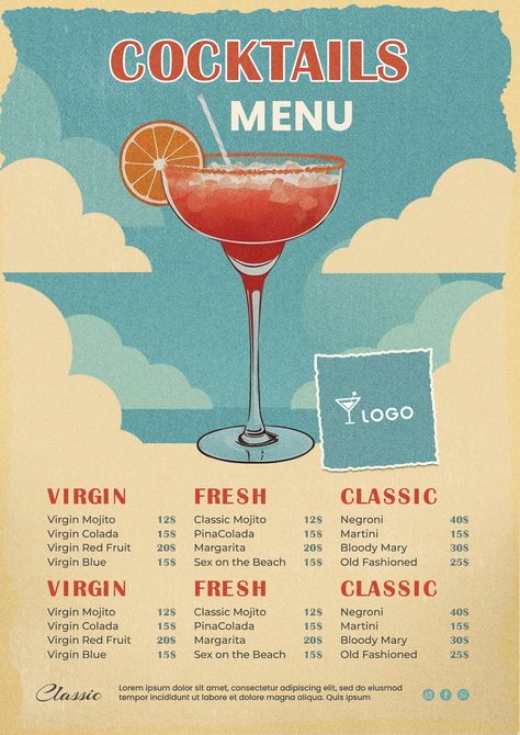 Vintage and Classic Cocktails Menu Menu Design Cocktail, Modern Cocktail Menu Design, Cocktail Menu Illustration, Vintage Cocktail Menu Design, Menu Graphic, Classic Cocktails Poster, Virgin Mojito, Cocktail Menu, Cityscape Photos