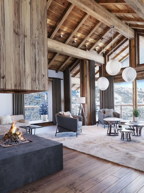 Escape to Modern Alpine Luxury: Our ski chalet blends contemporary design with cozy comfort. Warm up by the stone and glass fireplace, surrounded by rustic charm. Embrace the beauty of modern mountain living. 🏔️���🔥 #SkiChalet #MountainLiving #ModernDesign #CozyHome #RusticCharm #AlpineLuxury #WinterRetreat #FireplaceMagic #HomeInspiration #ContemporaryLiving #PinterestTrends Modern Chalet Interior, Ski Chalet Interior, Chalet Living Room, Luxury Chalet Interior, Chalet Interior Design, Alpine House, Mountain Interiors, Modern Chalet, Chalet Interior