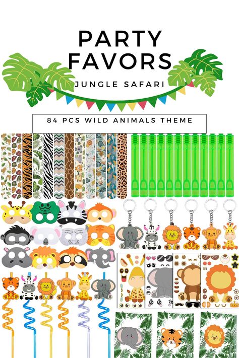 PACKAGE INCLUDE - Jungle safari party favors set includes 12 PCS Keychains (6 styles), 12 PCS Straws (6 styles), 12 PCS Slap Bracelets, 12 PCS Sticks(4 styles), 12 PCS Animals Mask, 12 PCS Gift Bags( 6 styles) and 12 PCS Green Bubble Sticks. As an Amazon Associate I earn from qualifying purchases. Baby Shower Goodie Bags, Animals Mask, Safari Party Favors, Birthday Return Gifts, Safari Theme Birthday, Jungle Safari Party, Bags For Kids, Green Bubble, Slap Bracelets