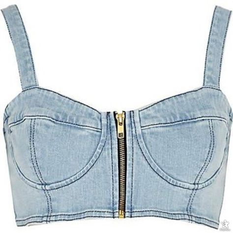 gorset top jeans ❤ liked on Polyvore featuring tops, shirts, crop top, shirts & tops, shirt crop top, blue crop top and blue top Denim Bralet, Shirts Crop Tops, Party Crop Tops, Bralet Tops, Shirts Crop, Blue Denim Shirt, Denim Crop Top, Moda Jeans, Office Fashion Women