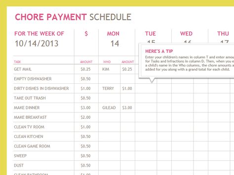 Chore payment schedule - Templates - Office.com Chore Payment Chart, Excel Schedule, Sports Schedule, Chore Ideas, Reward System For Kids, Chores Chart, Timetable Template, Chore Board, Kids Chores