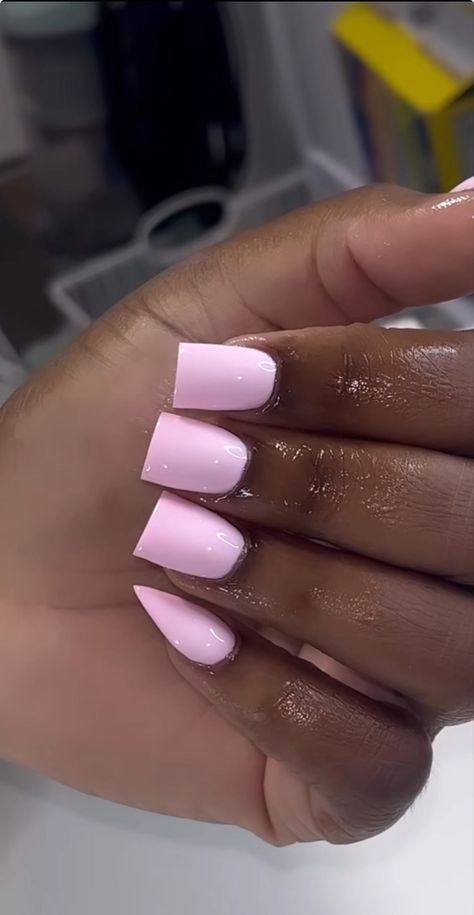 Stiletto And Square Nails Together, Baby Pink Sparkle Nails, Plain Color Nail Ideas, Simple Color Nails, Square Nails With Stiletto Pinky, Pink Duck Nails, Plain Acrylic Nails, Overlay Nails, Plain Nails