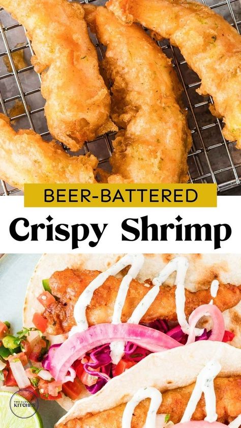 Yummy and so easy to make - the best beer battered shrimp recipe you'll ever try. Use the beer battered shrimp in tacos or salad for a delicious weeknight dinner ideas or main dish recipe that will please a crowd. Crispy, beer battered fried shrimp without the deep fry. This light and crispy beer battered shrimp makes for the best appetizer too! This beer-battered shrimp recipe has a perfectly crispy batter coating juicy, tender shrimp! Batter For Fried Shrimp, Battered Shrimp Recipes, Beer Battered Halibut, Beer Shrimp, Battered Shrimp, Beer Battered Shrimp, Shrimp Taco Recipes, Recipes Fish, Recipes Seafood