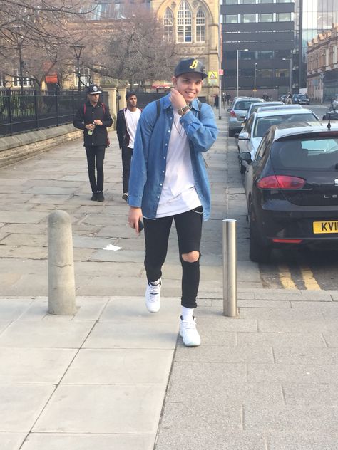 Captured in Manchester. The Legend blue 11's perfectly coordinated with a plain white tee & denim shirt. Legend Blue 11 Outfit, Jordan 1 Unc Outfit Men, Jordan 11 Legend Blue Outfit, Offwhite Jordan 1 Unc Outfit, Legend Blue 11, Jordan 11 Gamma Blue, Jordans Outfit For Men, Blue Outfit Men, Jordan 11 Legend Blue