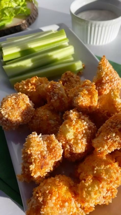 Quick and Crispy Cauliflower Bites with Hot Buffalo Seasoning Buffalo Seasoning, Crispy Cauliflower Bites, Balsamic Brussel Sprouts, Crispy Cauliflower, Gluten Free Panko, Raw Cauliflower, Buffalo Cauliflower Bites, Buffalo Cauliflower, Cauliflower Bites