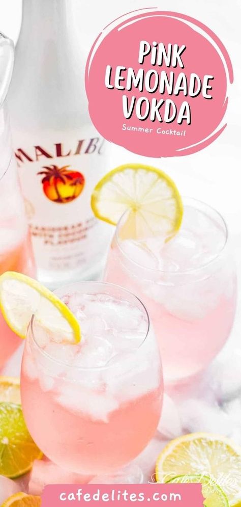 Coconut Rum Cocktails, Rum And Lemonade, Pink Lemonade Vodka, Malibu Rum Drinks, Lemonade Cocktail Recipe, Pink Vodka, Malibu Cocktails, Coconut Rum Drinks, Vodka Lemonade