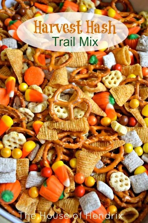 Harvest Hash - Halloween Trail Mix - The House of Hendrix Halloween Trail Mix Recipe, Harvest Hash, Halloween Trail Mix, Snack Halloween, Halloween Fingerfood, Fall Snack Mixes, Trail Mix Recipe, Halloween Snack Mix, Halloween Finger Foods