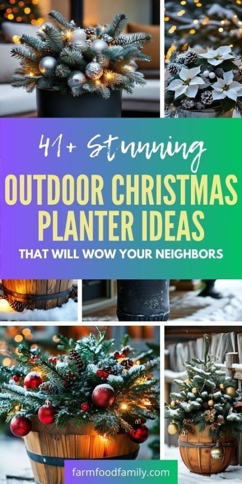 41+ Stunning Outdoor Christmas Planter Ideas That Will Wow Your Neighbors 86 Christmas Tree On Deck Outside, Planters For Christmas Decorations, Diy Christmas Outdoor Planters, Outdoor Pot Christmas Decorating Ideas, Christmas Hanging Planters, Outdoor Christmas Urns Planters, Porch Planter Christmas Ideas, Outdoor Christmas Floral Arrangements, Christmas Landscaping Ideas