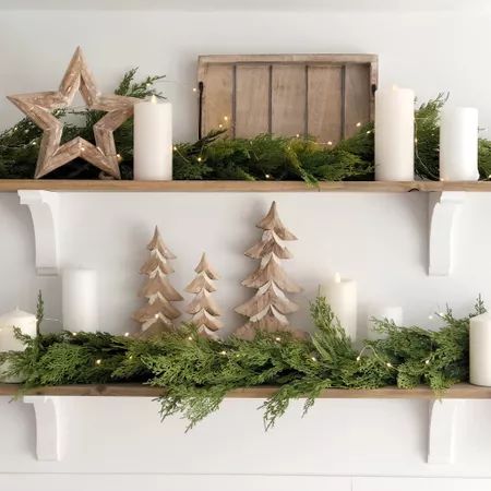 Shelving Christmas Decor, Wood Tree Decor, Christmas Decor Ideas Farmhouse, Open Shelving Decor, Country Girl Home, Christmas Decor Wood, Floating Shelves Living Room, Floating Shelf Decor, Neutral Christmas Decor