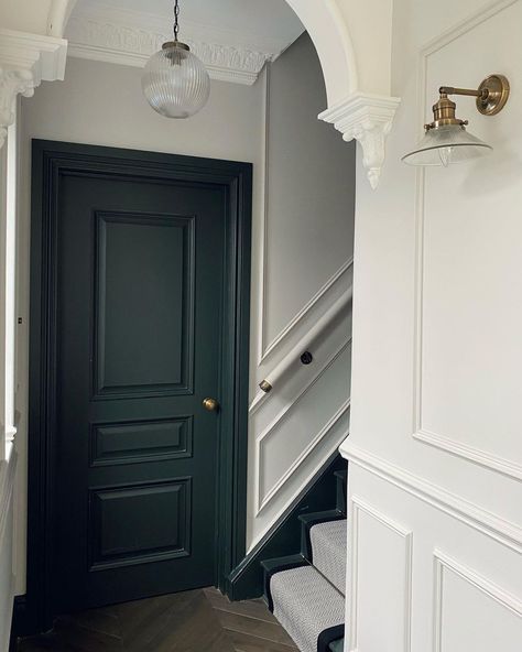 Dark Green Stairs, Dark Green Staircase, Dark Green Hallway Ideas Entrance Halls, Green Woodwork Hallway, Dark Green Door, Dark Green Entrance Hall, Dark Green Doors Interior, Dark Painted Hallway, Painted Hall Greenwich