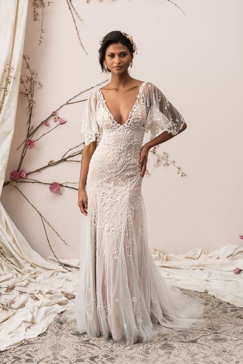 Justin Alexander Signature - Style 9890: Beaded Tulle A-Line Gown with Illusion Flutter Sleeves Justin Alexander Bridal, Justin Alexander Signature, Lillian West, 1920s Wedding, Justin Alexander, Beaded Tulle, Lace Wedding Dress Vintage, A Wedding Dress, A Line Gown