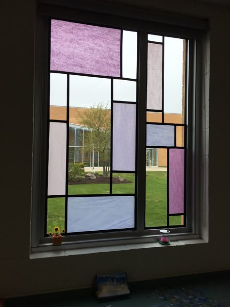 Faux stained glass using tissue paper and electricians tape. Middle school Windows. Tissue Paper On Windows, Faux Stained Glass Plexi, Diy Stained Glass Window Tissue Paper, Stained Glass Window Craft Tissue Paper, Stained Glass Paper Craft, Tissue Paper Window, Tissue Paper Stained Glass Window, Diy Faux Stained Glass Window, Faux Stained Glass Window