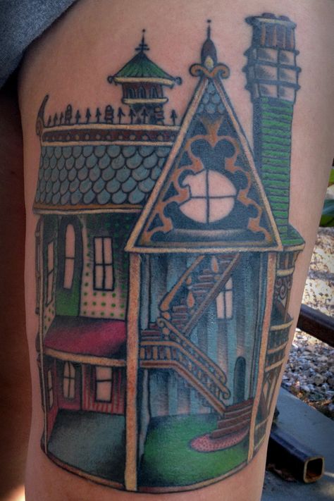 #Victorian #dollhouse #tattoo contact: madebylaurenb@gmail.com Doll House Tattoo, Dollhouse Tattoo, House Tattoos, House Tattoo, Walking Art, Victorian Dollhouse, Home Tattoo, Victorian House, Doll Houses