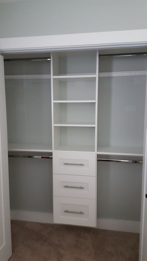 Closet Shelving With Drawers, Shelf Ideas For Closet, Closet Organization With Shelves, Small Closet Makeover With Sliding Doors, Hanging Shelves Closet, Closet Organization Ideas With Drawers, Inside Of Closet Ideas, Shelves In Bedroom Closet, Reach In Closet With Dresser