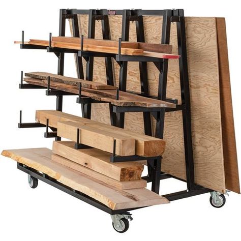 T34007 Lumber and Plywood Cart  Efficient storage for lumber, plywood, drywall, and long materials.  Are you tired of struggling to organize and store your plywood, drywall, lumber, and other lengthy materials? The Grizzly T34007 Lumber and Plywood Cart is the versatile solution you've been waiting for.  Two-in-One Design  This innovative cart not only provides a neat storage solution for lumber and long materials but also dedicates half of its space to securely hold sheet goods such as plywood, drywall, and more.  Mobility and Convenience  This versatile rack not only provides efficient storage but also offers exceptional mobility. With its four heavy-duty casters (two fixed and two locking 5" swivel casters), you can effortlessly roll it into your workspace when needed and conveniently t Woodshop Tool Storage, Wood Storage On Wheels, Sheet Goods Storage, Wood Rack Lumber, Mobile Wood Storage Cart, Wood Workshop Storage, Wood Store Ideas, Plywood Storage Ideas, Plywood Organizer