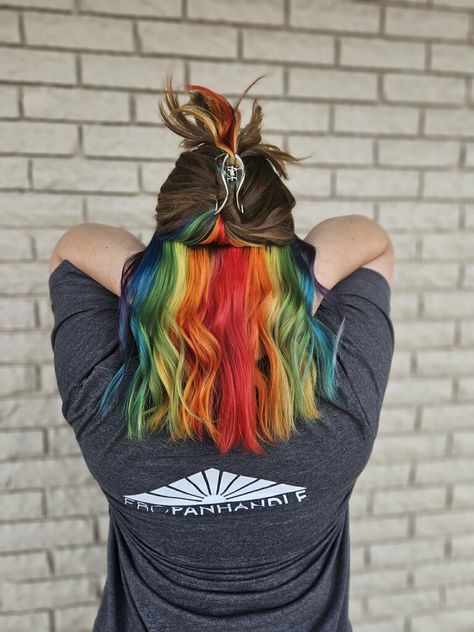 Peekaboo Hair Color Rainbow, Brown Hair With Rainbow Underneath, Rainbow Hair Dye Ideas, Rainbow Hair Tips, Rainbow Peekaboo Hair Dark Brown, Brown And Rainbow Hair, Hidden Rainbow Hair Brown, Rainbow Halo Hair, Brown Hair With Color Underneath