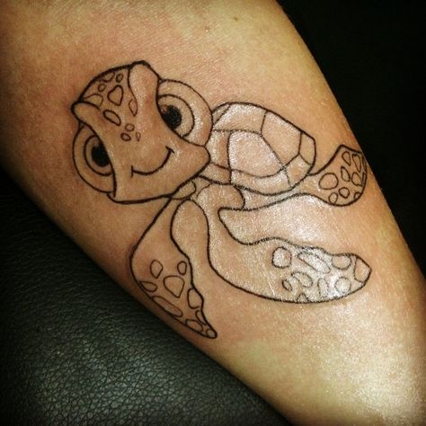 Squirt tattoo on my forearm , Crush Tattoo Finding Nemo, Squirt Turtle Tattoo, Squirt Tattoo Finding Nemo, Finding Nemo Tattoo, Dory Tattoo, Nemo Tattoo, Practice Tattoos, Turtle Tattoo Designs, Disney Sleeve