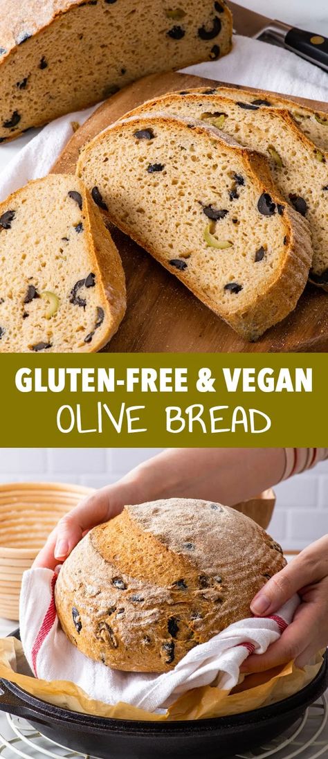 Easy Gluten Free Olive Bread - This crusty gluten free olive bread is incredibly easy to make and, as it only requires a single rise, it’s ready in about 2 hours! It has a wonderfully soft, chewy crumb and a crisp, golden crust. The olive oil and a generous amount of olives in the dough give it a fantastic flavour. Gluten free bread. Gluten free recipes. Gluten free loaf. Gluten free vegan bread. Gluten free vegan recipes. Easy bread recipes. Gluten Free Olive Bread Recipe, Gluten Free Olive Bread, Loopy Whisk Gluten Free Bread, The Loopy Whisk Gluten Free Bread, Gluten Free Vegan Bread Recipe, Bread Gluten Free Recipes, Vegan Gluten Free Bread, Gf Wraps, Gluten Free Loaf