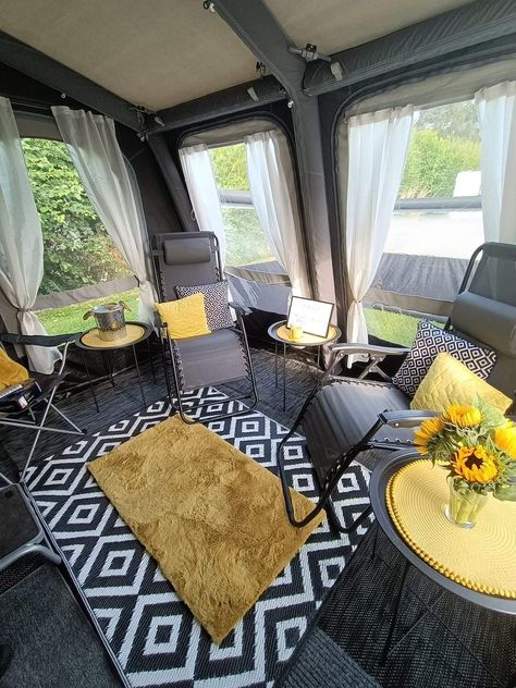 Caravan Set Up Ideas, Caravan Awning Interior, Caravan Interior Makeover, Lofted Cabin, Berea Ky, Caravan Decor, Tent Living, Caravan Makeover, Camping Inspiration