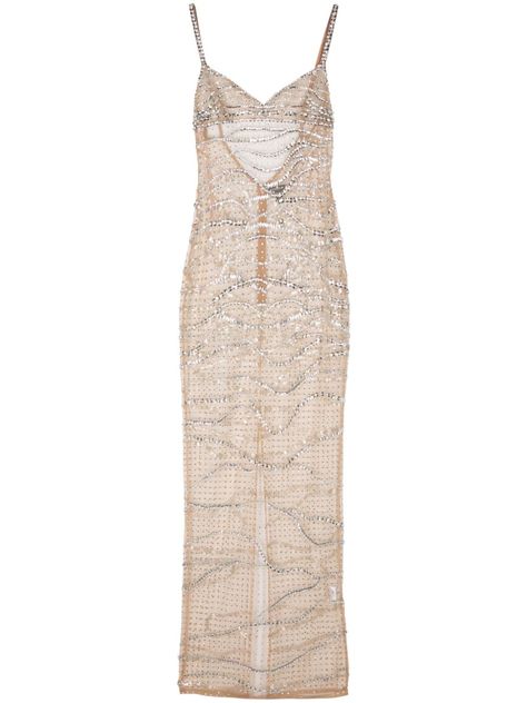 silver-tone mesh design semi-sheer construction gem embellishment V-neck low back unlined long length straight hem concealed rear zip fastening Retrofete Dress, Winter Party Ideas, Uzun Boy, Dresses Sleeves, Dress Silver, Vintage Beaded Dress, Winter Party, Dolce E Gabbana, Silver Dress