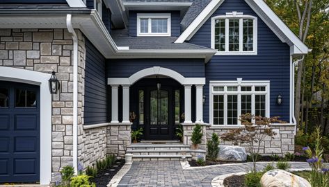 Dark Blue with White Trim Navy And White House Exterior, Blue House With Black Door, Dark Blue Siding, Navy Blue House Exterior, Blue House White Trim, Blue Siding House, House Siding Colors, House Doors Colors, Dark Blue House Exterior