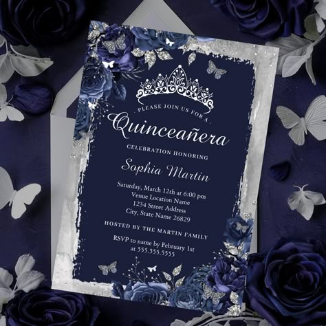 More Pretty Navy Silver Quinceanera Birthday Invitations in the Little Bayleigh Store! Navy Blue Invitations Zazzle, Midnight Blue And Silver Quice Dress, Navy Blue And Silver Invitations, Quinceanera Blue Invitations, Dark Blue Quinceanera Dresses With Silver, Winter Wonderland Quinceanera Theme Royal Blue, Coraline Themed Quinceanera, Dark Blue Quince Invitations, Quince Dark Blue Theme