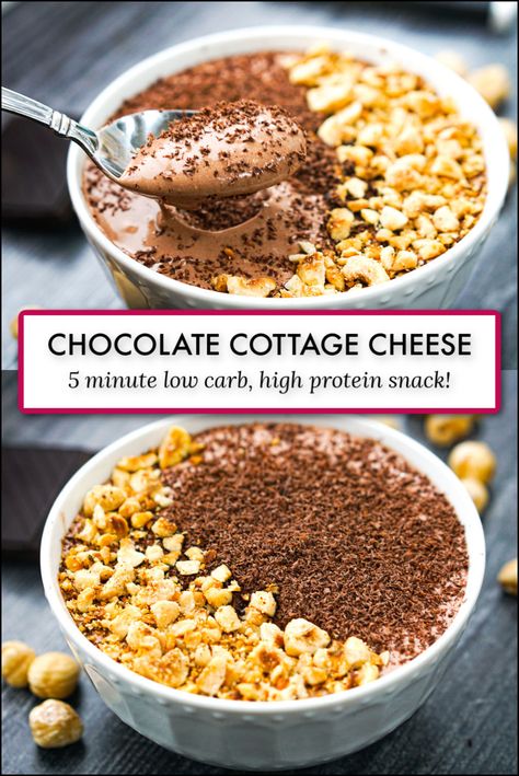 This whipped chocolate cottage cheese is rich, thick and creamy like the best chocolate pudding you ever had but it's made with cottage cheese! Then you can add extra flavoring, add ins or toppings to make it a healthy dessert or snack. This recipe is low carb, high protein and sugar free with just 4 grams net carbs and 25 grams of protein! Chocolate Cottage Cheese Dessert, Pudding With Cottage Cheese, Cottage Cheese Low Carb, Cottage Cheese Snack Sweet, Rice Cakes And Cottage Cheese, Keto Whipped Cottage Cheese, High Protein Desserts Cottage Cheese, Whipped Chocolate Cottage Cheese, Cottage Cheese Low Calorie