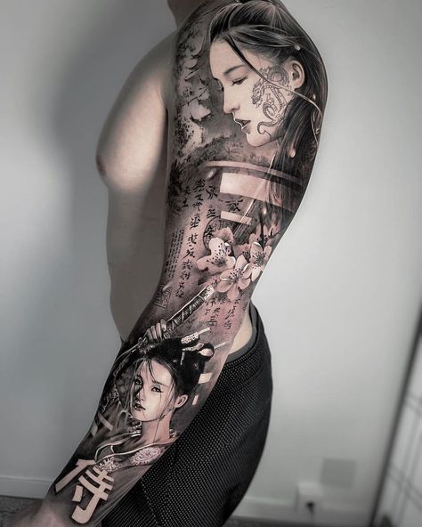 Japanese Tattoos Design, Japanese Tattoos Sleeve, Geisha Sleeve Tattoos For Women, Japanese Sleeve Tattoo Design, Geisha Tattoo Design For Men, Japanese Sleeve Tattoo, Japanese Woman Tattoo, Geisha Full Sleeve Tattoo, Japanese Realism Tattoo