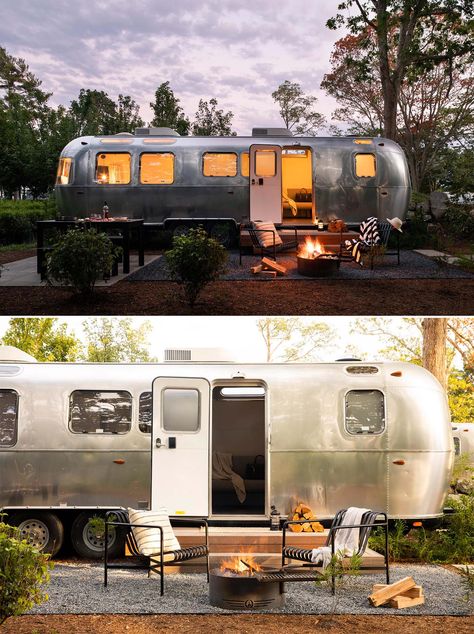 Airstream Outdoor Space, Airstream Guest House, Airstream Airbnb, Remodeled Airstream, Room Kitchenette, Airstream Living, Small Kitchenette, Camper Interior Design, Airstream Campers