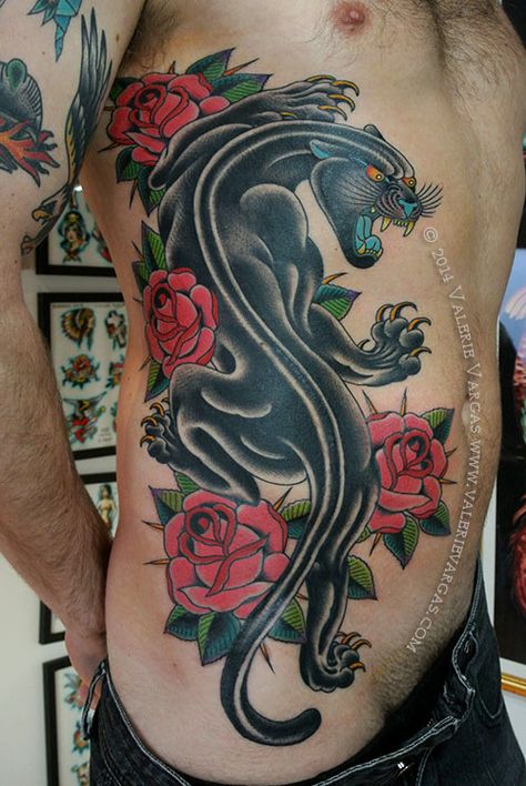 Tree Tattoo Chest, Traditional Back Tattoo, Traditional Panther Tattoo, Black Panther Tattoo, Panther Tattoo, Tattoo Old School, Flower Tattoo Sleeve, Half Sleeve Tattoo, Tree Tattoo