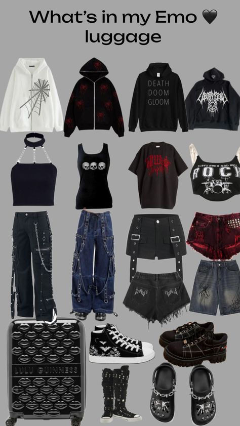 What’s in my Emo 🖤 luggage! #emooutfitinspo #outfitinspo #whatsinmyemoluggage Emo Outfits For School, Emo Goth Outfits, Outfits Heels, Emo Clothes, Emo Outfits, Emo Goth, Goth Outfits, School Outfits, New Era