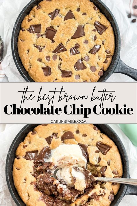 If you want to make the best chocolate chip cookies, try this homemade brown butter chocolate chip cookie skillet recipe. Instead of making individual cookies, just put your cookie dough into a cast iron skillet to bake one giant pizookie with a gooey center. Top with your favorite ice cream and it'll taste just like the one's from Bj's! Pazookie In Cast Iron, Cookie Skillet Recipe, Chocolate Chip Cookie Skillet, Cookie Skillet, Desserts With Chocolate Chips, Easy Homemade Cookies, Brown Butter Chocolate Chip, Salted Chocolate Chip Cookies, Pumpkin Oatmeal Cookies